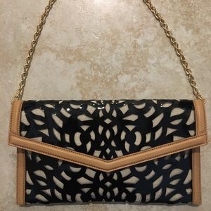 Sondra Roberts Perforated Patent Leather Envelope Clutch w/ Natural leather trim